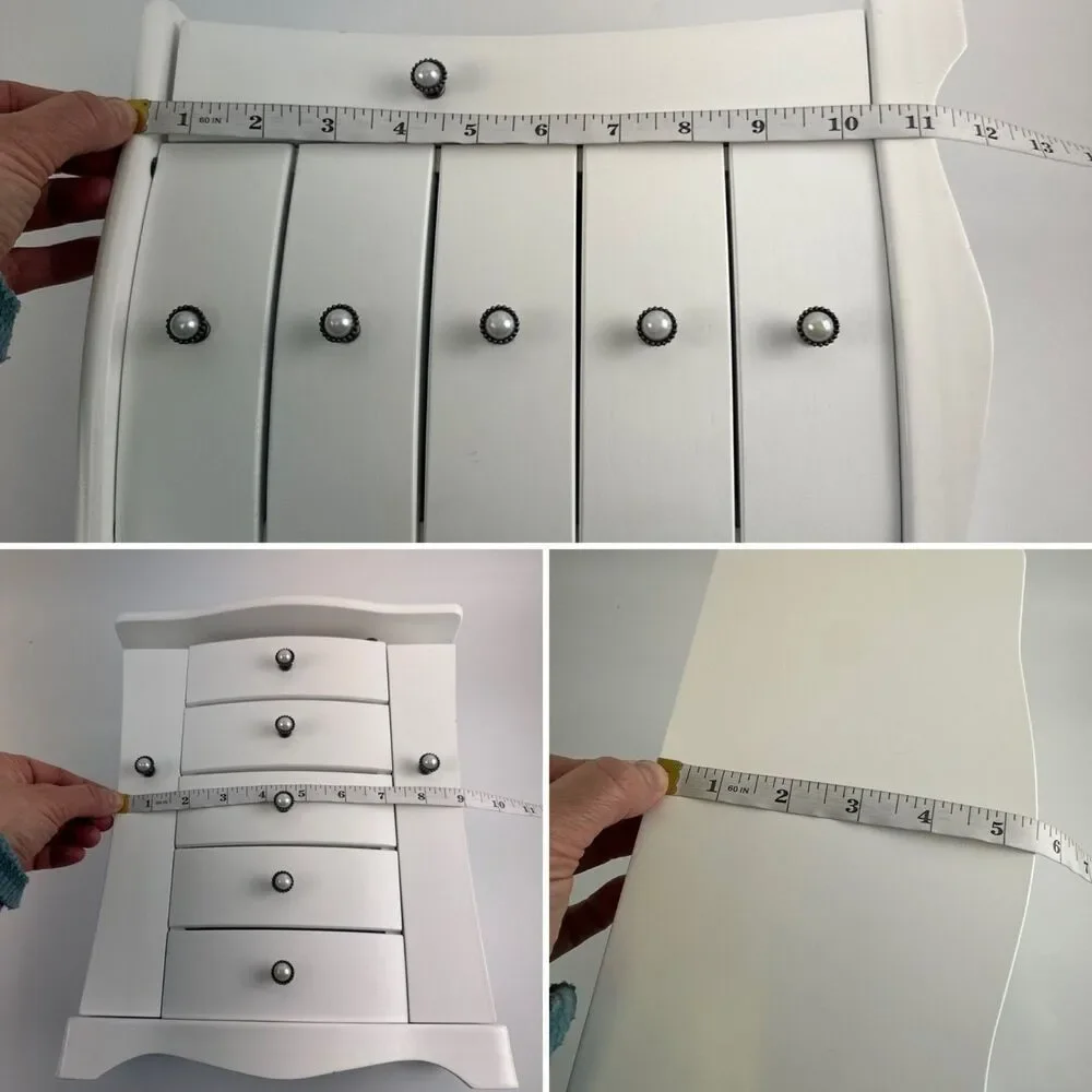 White Solid Wood Jewelry Box Tower Style 4 Drawers Organizer Side Doors Necklace